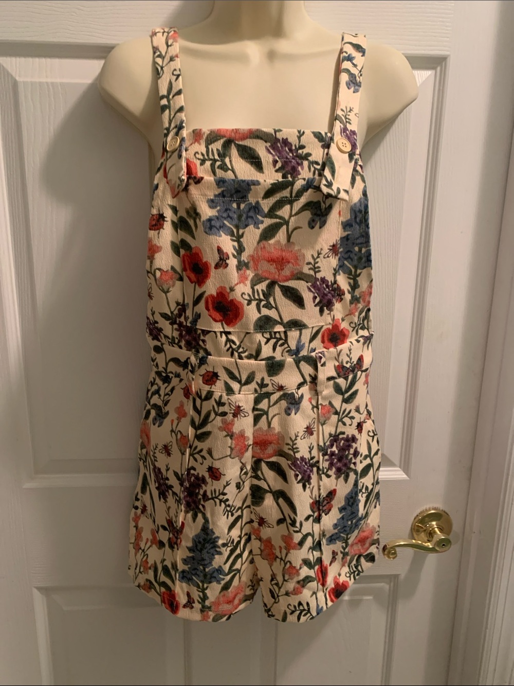 Cider Cream Floral Overall Romper with Red, Blue & Purple Blooms